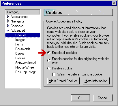 A screenshot of Netscape Communicator's Preferences window